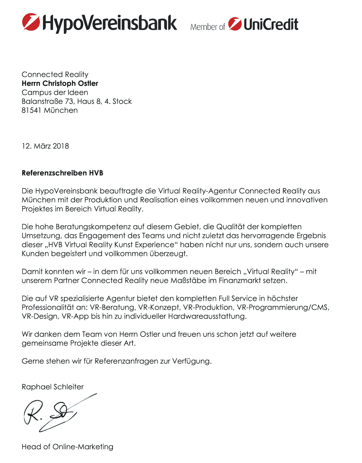HVB- Referenzschreiben
